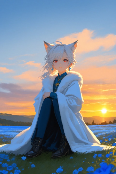 Art Style: The Legend of Zelda: Breath of the Wild Inspired, 2023 Digital Illustration
Year: 2023
Theme: Fantasy Adventure with a Cozy Touch
Character: Prominent Solo Female, Wolf Girl
Features: White Hair, Red Eyes, Wolf Ears, Asymmetrical Hair, Ahoge
Clothing: White Robe, Coat
Accessories: Earrings, Jewelry
Expression: Content and Adventurous, Gazing into the Distance
Composition: Dominant Character Placement, Wolf Girl Fills at Least Half of the Frame
Pose: Sitting Gracefully on a Hillside, Leaning Slightly to One Side
Perspective: Dynamic Angle from Above, Emphasizing Depth of Field
Setting: Lush Hillside, Mountainous Horizon in the Background, Fields of Blue Flowers at Her Feet
Atmosphere: Serene and Inviting, with a Hint of Adventure
Lighting: Soft Backlighting, Enhancing the Fluffy Clouds and Adding a Warm Glow to the Character
Sky: Cloudy Sky with a Depth of Clouds
Cloud Details: Fluffy White Clouds, High Fluffy Clouds Creating a Dreamy Skyline, Calm Clouds Adding to the Serenity, Lifelike Clouds for Realism, Beautiful Cloud Formations Adding Visual Interest
Color Palette: Soft and Limited, with Whites and Light Blues Dominating, Accents of Red for the Eyes and Robust Greens for the Hillside