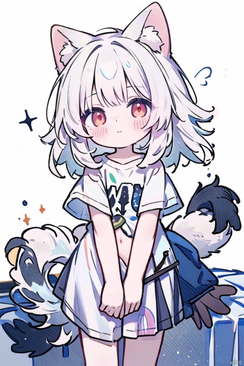  (masterpiece),(best quality), , 1girl, solo, lying, Depth of field, (colorful), anklet, solo, ((( white hair))),red_eyes, on_stomach, lying, looking_at_viewer,cute, loli,(( child)), wolf girl, naked_t-shirt,bare_arms,( large tail), white t-shirt, feet, bed sheet, cowboy shot, 30710