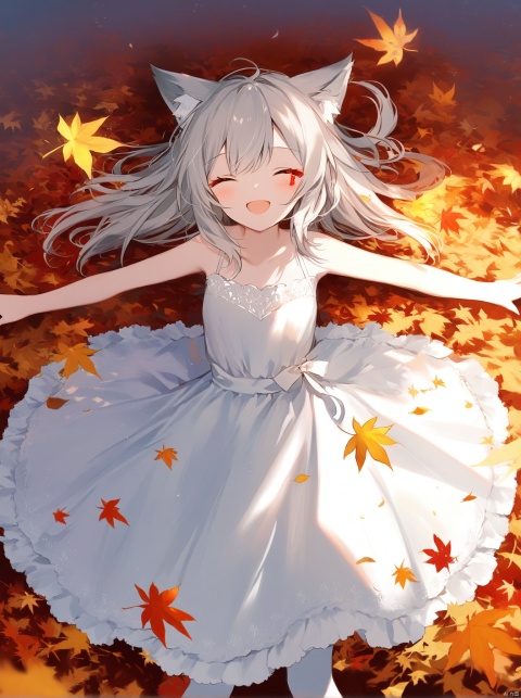  masterpiece,pixiv, digital art on pixiv, cozy animation scenes,[Artist onineko],[Artist chen bin],[Artist agwing86], medium shot,1 girl, {{{wolf girl}}}, loli,wolf girl,white long hair,red eyes,slit pupils,white dress,bare shoulders, (autumn, floating leaves), 1girl, crooked head, solo, looking at viewer, {{ open mouth,closed eyes, smile,blush}},spread arms, lying on plenty of leaves,incoming hug, {masterpiece,extremely detailed CG unity 8k wallpaper, ultra-detailed,depth of field},{best illumination, best shadow, an extremely delicate and beautiful}, cowbot shot, best quality, amazing quality, very aesthetic, absurdres, best quality, amazing quality, very aesthetic, absurdres,from above, best quality, amazing quality, very aesthetic, absurdres