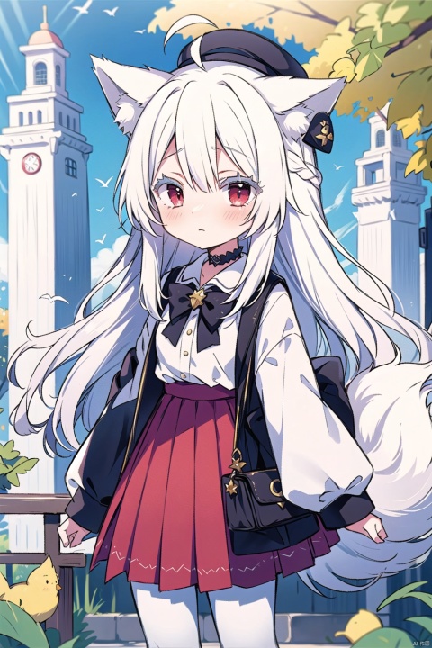  pixiv, digital art on pixiv, cozy animation scenes, solo, 9-year-old girl, wolf ears,white hair,(( long hair)), side braid, long hair, ahoge, white hair, asymmetrical hair,((( white hair))), wolf ears, red eyes, (colored eyelashes,white eyelashes:1.2),cute,( blush), ( Loli), wolf girl,( large tail), flat chest, long hair, clock, red skirt, hat, ginkgo leaf, pantyhose, shirt, white shirt, outdoors, red bow, white pantyhose, bow, very long hair, sleeves past wrists, blurry, frilled skirt, looking at viewer, closed mouth, cold attitude,alternate_hairstyle,building, white bow, tower, day, choker, bird, black headwear, pleated skirt, depth of field, colored eyelashes