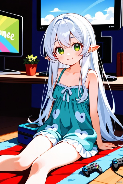 //Characteristics
(young girl with flowing white hair), (sparkling green eyes), ((long hair)), hoge
// Clothing and posture
(casual white loungewear:1.5), (seated comfortably),
// Expressions and features
(whimsical expression, playful smile), (pointed ears, hint of mischief),
// physical characteristics
(petite stature), (delicate bare legs), (long, expressive eyelashes),
// environment and situation
(summer warmth, indoor setting), (cozy bedroom ambiance),
// Actions and Emotions
(actively engaged, holding a game controller), (excitement:1.5),
// visual focus
(focused gaze on the monitor:1.3),