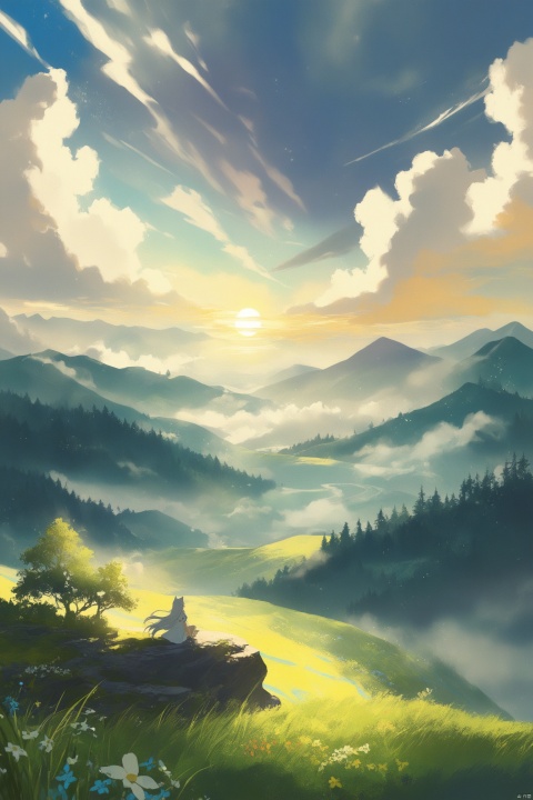  Art Style: Anime-Fantasy Aesthetic, Echoing the Atmosphere of The Legend of Zelda: Breath of the Wild, 2023 Digital Illustration with a Magical Summer Palette
Year: 2023
Theme: A Child's Summer Adventure in an Anime-Fantasy World, Rich with Wonder and Otherworldly Beauty,(forest:1.3)
Character: Central Focus Child Solo Female, Wolf Girl
Age: Young Child
Features: Petite Frame, White Hair with Sun-kissed Highlights, Red Eyes with a Mystical Glow, Adorable Wolf Ears, Asymmetrical Hair, Ahoge, Expressive Anime Facial Features,((long hair)),(slit pupils)
Clothing: white dress, Flowy Coat with red Embroidery, Reflecting an Otherworldly Fashion Sense
Accessories: leg rings, Playful Jewelry with Gemstones, Adding to the Fantasy Atmosphere
Expression: Curiosity and Innocence, with a Glimpse of the Extraordinary
Composition: Character-centric with the Young Wolf Girl as the Dominant Visual Element, Posing to Invite the Viewer into Her World, with a Significant Portion of the Frame Dedicated to the Scenic Background
Pose: Sitting Gracefully on a Mystic Hillside, Turned Around to Peer Intriguingly at the Viewer, Suggesting a Story
Perspective: A Blend of Dynamic and Whimsical Angles, Offering a Glimpse into the Anime-Fantasy World, with a Wide Shot to Capture the Sweeping Landscape
Setting: An Enchanted Hillside Alive with Summer's Bloom, a Distant Mountainous Horizon, and a Sky Filled with the Magic of Summer
Landscape: A Panorama of Otherworldly Beauty featuring Majestic Floating Islands, Serene Rivers of Luminescent Flow, and Verdant Valleys Rich with Flora and Fauna
Atmosphere: A Harmonious Blend of Serenity and Enchantment, with a Gentle Otherworldly Breeze, and a Sense of Discovery
Lighting: Soft, Dappled Sunlight Intertwined with Magical Glows, Enhancing the Dreamlike Quality of the Scene, and Highlighting the Beautiful Vistas
Sky: A Canvas of the Summer Sky, Painted with the Softest Blue and Adorned with Fluffy, High-altitude Clouds, Each with a Touch of Enchantment, and a Sweeping Horizon Line that Adds to the Fantasy
Cloud Details: Fluffy White Clouds with Subtle Glows at the Edges, High Fluffy Clouds that Seem to Hold Secrets, Beautiful Cloud Formations that Invite the Imagination and Contribute to the Skyline
Color Palette: A Vibrant Symphony of Summer Colors, with Sun-kissed Golds, Warm Yellows, Bright Whites, Vivid Greens, and the Alluring Hue of Summer Flowers, All Layered with a Touch of Magic and the Rich Hues of an Anime-Fantasy World, Movie style background