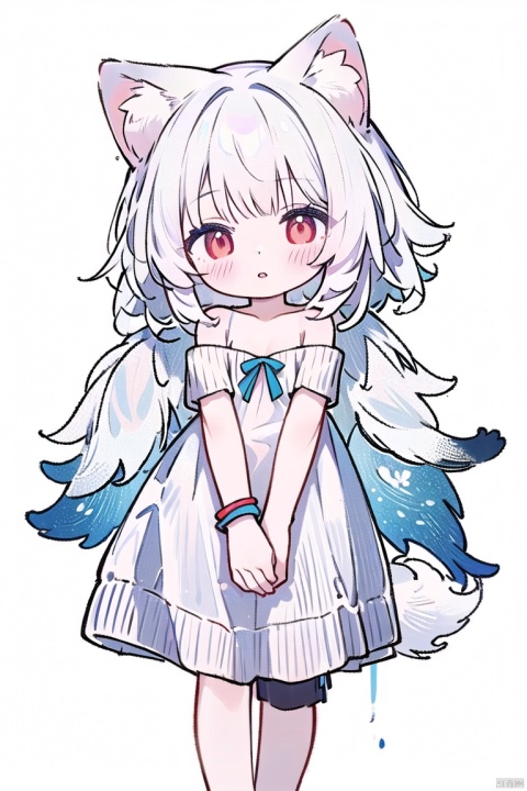 (masterpiece), (best quality), illustration, ultra detailed, hdr, Depth of field, (colorful),1girl, anklet, solo, (((  white hair))),red_eyes, on_stomach, lying, looking_at_viewer, sweater, feet, parted_lips, sideboob, flower,  meme_attire, bare_shoulders, wolf ears, red eyes, cute, loli,(( child)),  wolf girl,( large tail), white t-shirt, , toes, dress,hair_ornament,pillow,  sweater_dress,  naked_sweater,  bare_arms, soles,  full_body