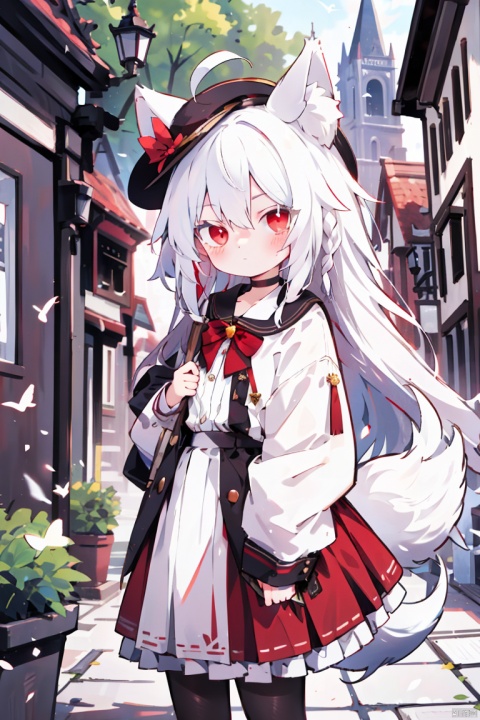 pixiv,  digital art on pixiv, cozy animation scenes, solo, 9-year-old girl, wolf ears,white hair,(( long hair)),  side braid, long hair,  ahoge,  white hair, asymmetrical hair,(((  white hair))), wolf ears, red eyes, (colored eyelashes,white eyelashes:1.2),cute,( blush), ( Loli),  wolf girl,( large tail), flat chest, long hair,  clock, red skirt, hat, ginkgo leaf, pantyhose, shirt, white shirt, outdoors, red bow, white pantyhose, bow,   very long hair, sleeves past wrists,    blurry,  frilled skirt, looking at viewer, closed mouth, cold attitude,alternate_hairstyle,building, white bow, tower, day, choker, bird,  black headwear, pleated skirt, depth of field,