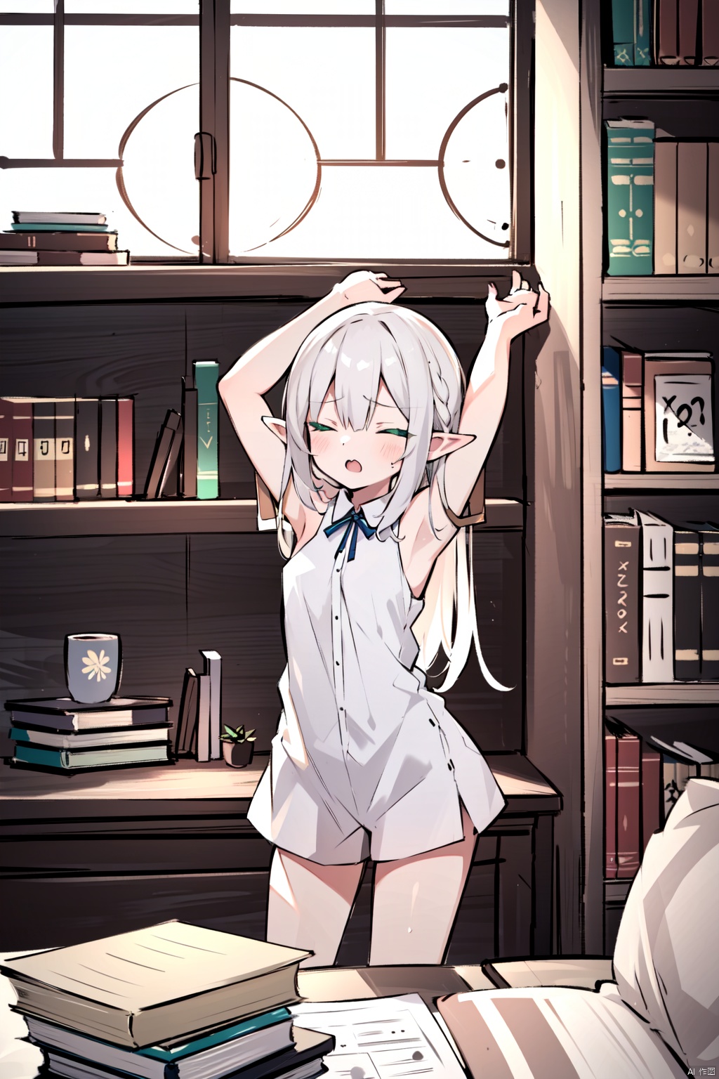 petite,loli,elf girl,1girl, solo, long_hair, green eyes,indoors,bare_shoulders, bangs, blush, sleeveless, sleeveless_dress, , pointy_ears, book, stretching, bed, window, open_mouth, white_hair, lamp, arms_up, closed_eyes,  breasts, pillow, artist_name, shorts, picture_frame, desk, bookshelf, photo_\(object\), white_hair, sunlight, short_sleeves, 30710