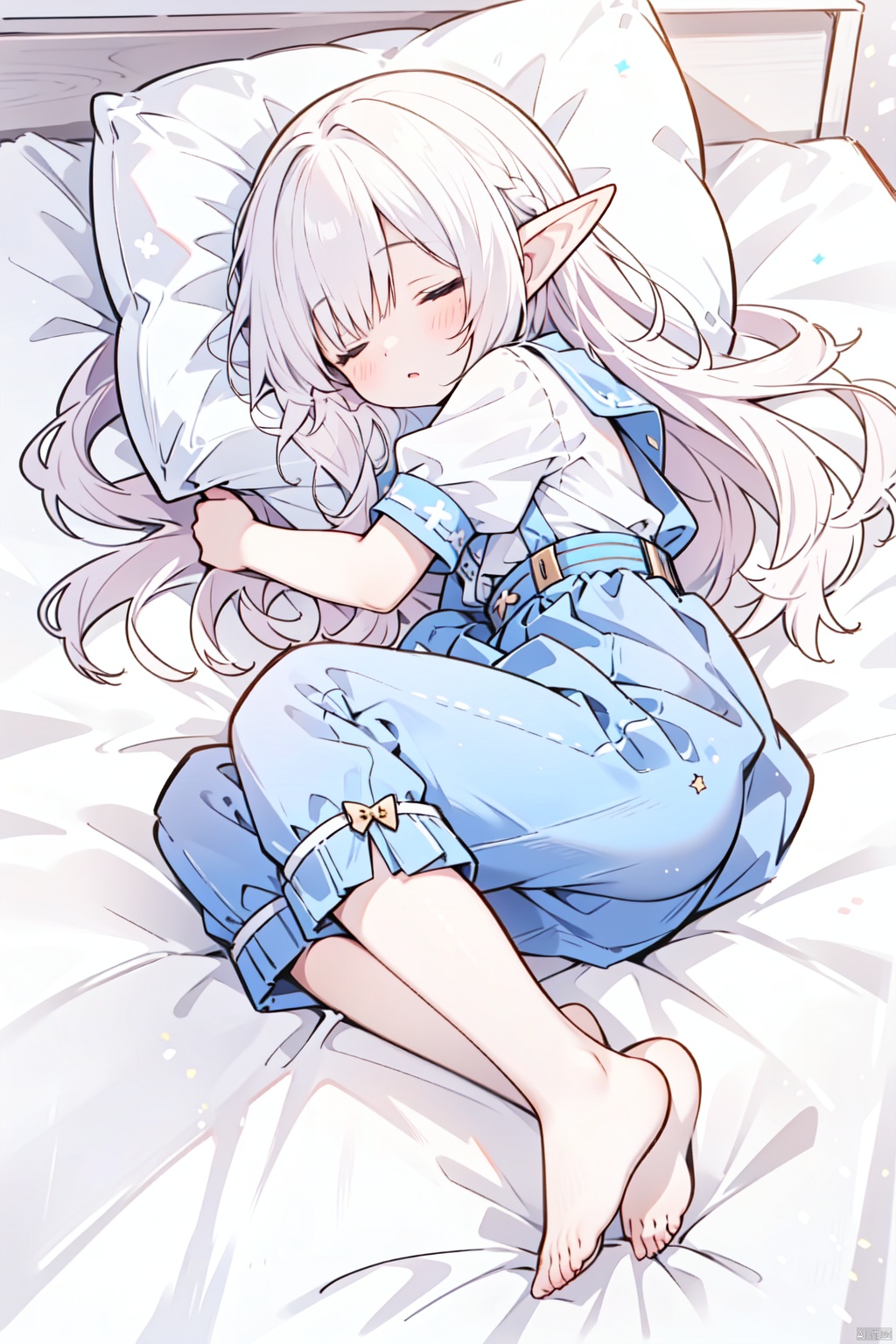 masterpiece, 1girl, from above, from upper, lying, full body, side lying, sleep, lying aside,petite,loli,elf girl,1girl, solo, long_hair,pointy_ears,short_sleeves,bed,object hug,pillow