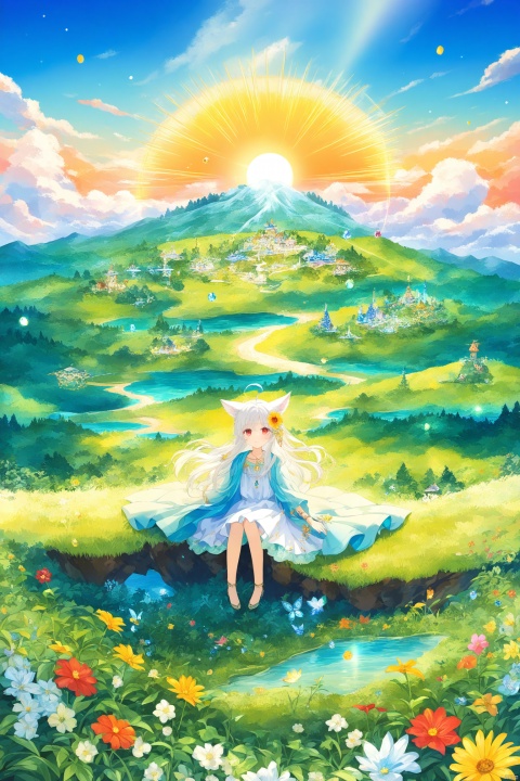  Art Style: Anime-Fantasy Aesthetic, Echoing the Atmosphere of The Legend of Zelda: Breath of the Wild, 2023 Digital Illustration with a Magical Summer Palette
Year: 2023
Theme: A Child's Summer Adventure in an Anime-Fantasy World, Rich with Wonder and Otherworldly Beauty
Character: Central Focus Child Solo Female, Wolf Girl
Age: Young Child
Features: Petite Frame, White Hair with Sun-kissed Highlights, Red Eyes with a Mystical Glow, Adorable Wolf Ears, Asymmetrical Hair, Ahoge, Expressive Anime Facial Features,((long hair)),
Clothing: white dress, Flowy Coat with red Embroidery, Reflecting an Otherworldly Fashion Sense
Accessories: leg rings, Playful Jewelry with Gemstones, Adding to the Fantasy Atmosphere
Expression: Curiosity and Innocence, with a Glimpse of the Extraordinary
Composition: Character-centric with the Young Wolf Girl as the Dominant Visual Element, Posing to Invite the Viewer into Her World, with a Significant Portion of the Frame Dedicated to the Scenic Background
Pose: Sitting Gracefully on a Mystic Hillside, Turned Around to Peer Intriguingly at the Viewer, Suggesting a Story
Perspective: A Blend of Dynamic and Whimsical Angles, Offering a Glimpse into the Anime-Fantasy World, with a Wide Shot to Capture the Sweeping Landscape
Setting: An Enchanted Hillside Alive with Summer's Bloom, a Distant Mountainous Horizon, and a Sky Filled with the Magic of Summer
Landscape: A Panorama of Otherworldly Beauty featuring Majestic Floating Islands, Serene Rivers of Luminescent Flow, and Verdant Valleys Rich with Flora and Fauna
Atmosphere: A Harmonious Blend of Serenity and Enchantment, with a Gentle Otherworldly Breeze, and a Sense of Discovery
Lighting: Soft, Dappled Sunlight Intertwined with Magical Glows, Enhancing the Dreamlike Quality of the Scene, and Highlighting the Beautiful Vistas
Sky: A Canvas of the Summer Sky, Painted with the Softest Blue and Adorned with Fluffy, High-altitude Clouds, Each with a Touch of Enchantment, and a Sweeping Horizon Line that Adds to the Fantasy
Cloud Details: Fluffy White Clouds with Subtle Glows at the Edges, High Fluffy Clouds that Seem to Hold Secrets, Beautiful Cloud Formations that Invite the Imagination and Contribute to the Skyline
Color Palette: A Vibrant Symphony of Summer Colors, with Sun-kissed Golds, Warm Yellows, Bright Whites, Vivid Greens, and the Alluring Hue of Summer Flowers, All Layered with a Touch of Magic and the Rich Hues of an Anime-Fantasy World