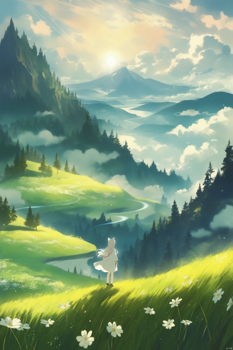  Art Style: Anime-Fantasy Aesthetic, Echoing the Atmosphere of The Legend of Zelda: Breath of the Wild, 2023 Digital Illustration with a Magical Summer Palette
Year: 2023
Theme: A Child's Summer Adventure in an Anime-Fantasy World, Rich with Wonder and Otherworldly Beauty,(forest:1.3)
Character: Central Focus Child Solo Female, Wolf Girl
Age: Young Child
Features: Petite Frame, White Hair with Sun-kissed Highlights, Red Eyes with a Mystical Glow, Adorable Wolf Ears, Asymmetrical Hair, Ahoge, Expressive Anime Facial Features,((long hair)),
Clothing: white dress, Flowy Coat with red Embroidery, Reflecting an Otherworldly Fashion Sense
Accessories: leg rings, Playful Jewelry with Gemstones, Adding to the Fantasy Atmosphere
Expression: Curiosity and Innocence, with a Glimpse of the Extraordinary
Composition: Character-centric with the Young Wolf Girl as the Dominant Visual Element, Posing to Invite the Viewer into Her World, with a Significant Portion of the Frame Dedicated to the Scenic Background
Pose: Sitting Gracefully on a Mystic Hillside, Turned Around to Peer Intriguingly at the Viewer, Suggesting a Story
Perspective: A Blend of Dynamic and Whimsical Angles, Offering a Glimpse into the Anime-Fantasy World, with a Wide Shot to Capture the Sweeping Landscape
Setting: An Enchanted Hillside Alive with Summer's Bloom, a Distant Mountainous Horizon, and a Sky Filled with the Magic of Summer
Landscape: A Panorama of Otherworldly Beauty featuring Majestic Floating Islands, Serene Rivers of Luminescent Flow, and Verdant Valleys Rich with Flora and Fauna
Atmosphere: A Harmonious Blend of Serenity and Enchantment, with a Gentle Otherworldly Breeze, and a Sense of Discovery
Lighting: Soft, Dappled Sunlight Intertwined with Magical Glows, Enhancing the Dreamlike Quality of the Scene, and Highlighting the Beautiful Vistas
Sky: A Canvas of the Summer Sky, Painted with the Softest Blue and Adorned with Fluffy, High-altitude Clouds, Each with a Touch of Enchantment, and a Sweeping Horizon Line that Adds to the Fantasy
Cloud Details: Fluffy White Clouds with Subtle Glows at the Edges, High Fluffy Clouds that Seem to Hold Secrets, Beautiful Cloud Formations that Invite the Imagination and Contribute to the Skyline
Color Palette: A Vibrant Symphony of Summer Colors, with Sun-kissed Golds, Warm Yellows, Bright Whites, Vivid Greens, and the Alluring Hue of Summer Flowers, All Layered with a Touch of Magic and the Rich Hues of an Anime-Fantasy World, Movie style background