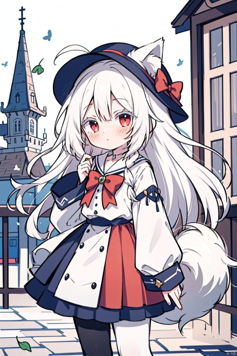  pixiv, digital art on pixiv, cozy animation scenes, solo, 9-year-old girl, wolf ears,white hair,(( long hair)), side braid, long hair, ahoge, white hair, asymmetrical hair,((( white hair))), wolf ears, red eyes, (colored eyelashes,white eyelashes:1.2),cute,( blush), ( Loli), wolf girl,( large tail), flat chest, long hair, clock, red skirt, hat, ginkgo leaf, pantyhose, shirt, white shirt, outdoors, red bow, white pantyhose, bow, very long hair, sleeves past wrists, blurry, frilled skirt, looking at viewer, closed mouth, cold attitude,alternate_hairstyle,building, white bow, tower, day, choker, bird, black headwear, pleated skirt, depth of field, colored eyelashes, colors