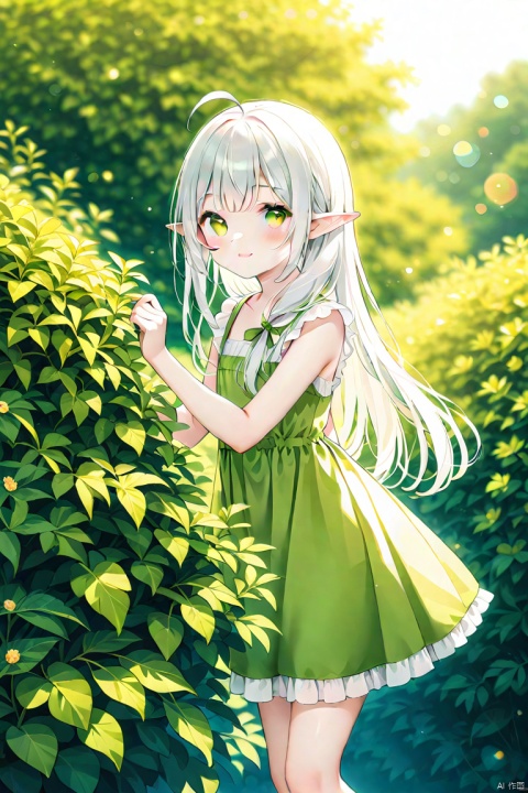  (blurry, depth of field, blurry foreground:1.35),
//
cowboy shot, (in green bush,bush background:1.45),(face focus:1.25)
//
(1girl:1.3), solo, face to viewer,looking at viewer,white hair, green eyes,petite,loli,elf girl,pointy_ears, naughty face, smile, (bent over),silver hair, (long hair), (ahoge:1.2),
(detailed long biege dress),(round sunglasses),
one hand up, lift her hair,
[outdoors], [cloud],
colorful,
//
(sunlight,
lens flare:1.25), minimalism, yellow mix cyan