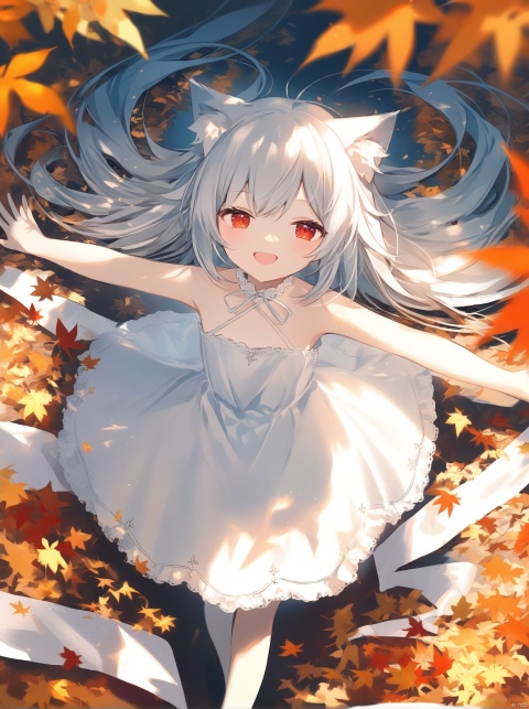  masterpiece,pixiv, digital art on pixiv, cozy animation scenes,[Artist onineko],[Artist chen bin],[Artist agwing86], medium shot,1 girl, {{{wolf girl}}}, loli,wolf girl,white long hair,red eyes,slit pupils,white dress,bare shoulders, (autumn, floating leaves), 1girl, (( child)),crooked head, solo, looking at viewer, {{ open mouth,half closed eyes, smile,blush}},spread arms, lying on plenty of leaves,incoming hug, {masterpiece,extremely detailed CG unity 8k wallpaper, ultra-detailed,depth of field},{best illumination, best shadow, an extremely delicate and beautiful}, cowbot shot, best quality, amazing quality, very aesthetic, absurdres, best quality, amazing quality, very aesthetic, absurdres,from above, best quality, amazing quality, very aesthetic, absurdres