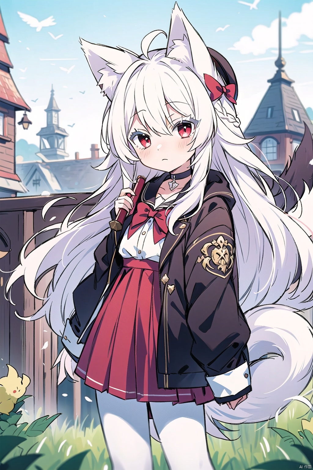 pixiv,  digital art on pixiv, cozy animation scenes, solo, 9-year-old girl, wolf ears,white hair,(( long hair)),  side braid, long hair,  ahoge,  white hair, asymmetrical hair,(((  white hair))), wolf ears, red eyes, (colored eyelashes,white eyelashes:1.2),cute,( blush), ( Loli),  wolf girl,( large tail), flat chest, long hair,  clock, red skirt, hat, ginkgo leaf, pantyhose, shirt, white shirt, outdoors, red bow, white pantyhose, bow,   very long hair, sleeves past wrists,    blurry,  frilled skirt, looking at viewer, closed mouth, cold attitude,alternate_hairstyle,building, white bow, tower, day, choker, bird,  black headwear, pleated skirt, depth of field, colored eyelashes