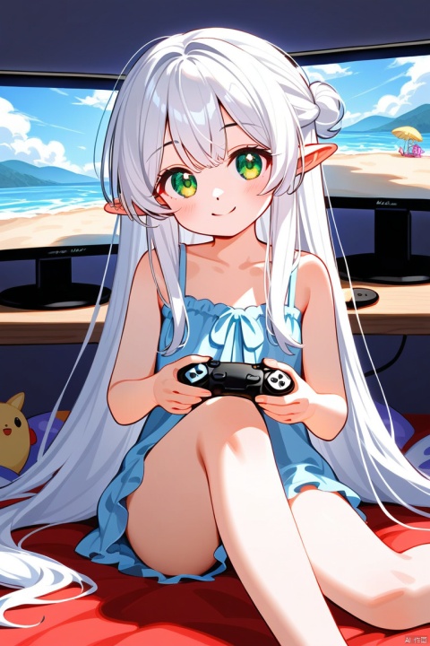 //Characteristics
(young girl with flowing white hair), (sparkling green eyes), ((long hair)), hoge
// Clothing and posture
(casual white loungewear:1.5), (seated comfortably),
// Expressions and features
(whimsical expression, playful smile), (pointed ears, hint of mischief),
// physical characteristics
(petite stature), (delicate bare legs), (long, expressive eyelashes),
// environment and situation
(summer warmth, indoor setting), (cozy bedroom ambiance),
// Actions and Emotions
(actively engaged, holding a game controller), (excitement:1.5),
// visual focus
(focused gaze on the monitor:1.3),
