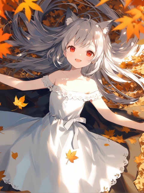 masterpiece,pixiv, digital art on pixiv, cozy animation scenes,[Artist onineko],[Artist chen bin],[Artist agwing86], medium shot,1 girl, {{{wolf girl}}}, loli,wolf girl,white long hair,red eyes,,white dress,bare shoulders, (autumn, floating leaves), 1girl, crooked head, solo, looking at viewer, {{ open mouth,closed eyes, smile,blush}},spread arms, lying on plenty of leaves,incoming hug, {masterpiece,extremely detailed CG unity 8k wallpaper, ultra-detailed,depth of field},{best illumination, best shadow, an extremely delicate and beautiful}, cowbot shot, best quality, amazing quality, very aesthetic, absurdres, best quality, amazing quality, very aesthetic, absurdres,from above, best quality, amazing quality, very aesthetic, absurdres