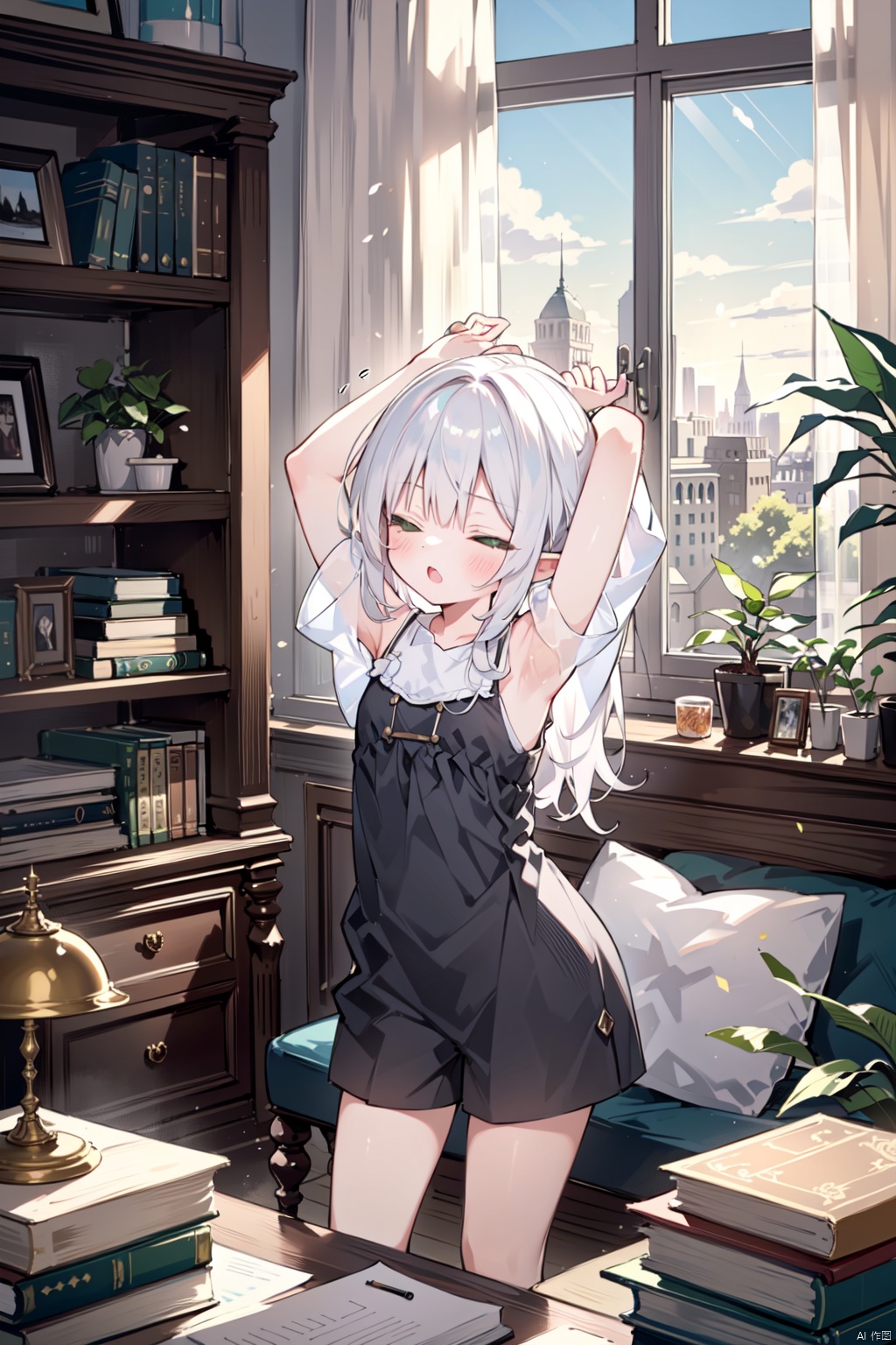 petite,loli,elf girl,1girl, solo, long_hair, green eyes,indoors,bare_shoulders, bangs, blush, sleeveless, sleeveless_dress, , pointy_ears, book, stretching, bed, window, open_mouth, white_hair, lamp, arms_up, closed_eyes,  breasts, pillow, artist_name, shorts, picture_frame, desk, bookshelf, photo_\(object\), white_hair, sunlight, short_sleeves, 30710