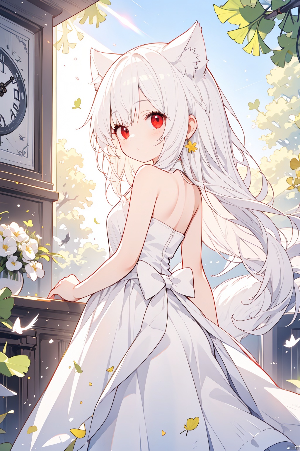  solo,outdoors, cozy animation scenes,1girl, wolf girl,loli,wolf girl,white hair, long hair, red eyes, (white eyelashes:1.2),white dress,bare shoulders,solo, bird, (long hair), silhouette, from_behind, dress, feathers, sky, backlighting, lens_flare, cloud, sunlight,clock, ginkgo leaf