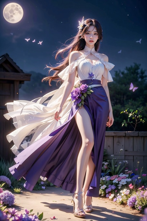 1 girl,full body,purple hair,(brown eyes),(extremely exquisite and beautiful),((purple and blue clothes)),meteor,meteor shower,(super large moon),(blue moon),comet,flower sea,many flowers,flower sea facing the audience,front,solo,butterfly,flying butterfly,There are many butterflies,butterfly hair flower,perspective,half skirt,dreamy light,(8k, RAW photo, best quality, masterpiece:1.2),(realistic, photo fidelity:1.3),Ultra fine,ultra fine cg 8k wallpaper,(crystal textured skin:1.2), yunxi, 1girl
