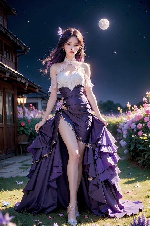 1 girl,full body,purple hair,(brown eyes),(extremely exquisite and beautiful),((purple and blue clothes)),meteor,meteor shower,(super large moon),(blue moon),comet,flower sea,many flowers,flower sea facing the audience,front,solo,butterfly,flying butterfly,There are many butterflies,butterfly hair flower,perspective,half skirt,dreamy light,(8k, RAW photo, best quality, masterpiece:1.2),(realistic, photo fidelity:1.3),Ultra fine,ultra fine cg 8k wallpaper,(crystal textured skin:1.2), yunxi, 1girl