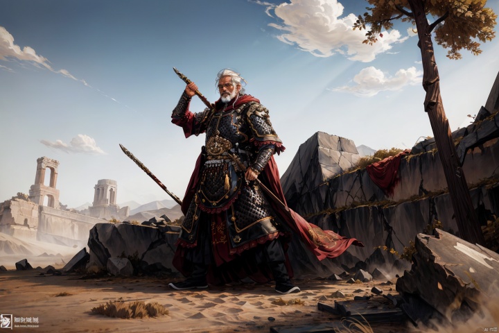 masterpiece,best quality,highly detailed,Amazing,finely detail,extremely detailed CG unity 8k wallpaper,score:>=60,, incredibly absurdres,wallpaper,realistic,real,photo,landscape,foreshortening,A man dressed in Chinese-style armor, an old general, Chinese-style armor, white cloak, wielding a guandao, a long-handled weapon, elderly, white hair, white beard, strong, rough skin, bloodstains on the armor, swinging the weapon, roaring, fighting, desert, sandstorm, chasing, fallen soldiers, bloodstains on the ground, architectural ruins, withered trees, rocks, desolate mountains