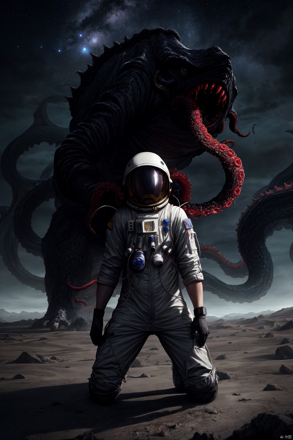 tiny astronaut,(despair:1.2),(kneeling:1.2),head_down,barren planet,confrontation,(gigantic Cthulhu-style monster:1.2),terrifying,space suit,helmet,rugged landscape,desolate,tense atmosphere,oxygen ****,gloves,boots,starry sky,distant galaxies,courage,determination,sci-fi setting,tentacled creature,ominous,mythical,otherworldly,incredibly absurdres,wallpaper,realistic,real,photo,landscape,foreshortening,beautiful detailed eyes,Fine hair texture,masterpiece,best quality,highly detailed,Amazing,finely detail,extremely detailed CG unity 8k wallpaper,score:>=60, BY MOONCRYPTOWOW