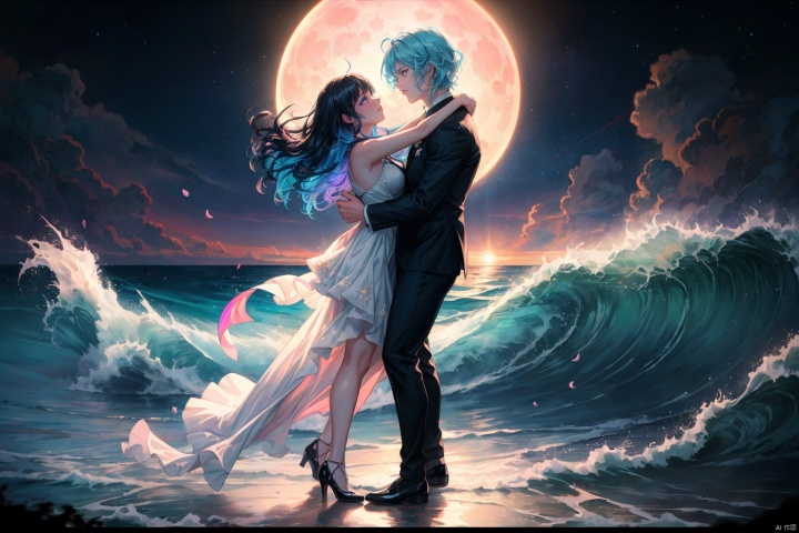 extremely delicate and beautiful,(fantasy),ultra detailed,(extreme detailed illustration),(extremely detailed CG unity 8k wallpaper),highres,perfect lighting, //, Beautiful sunset sea,calm waves,shining waves,((big rainbow)),colorful,a young couple dancing,1girl,1boy,floating long hair,dress,black hair,suit,petals,hetero,water planet,blue moon,universe,galaxy,(night),star,beautiful features,shining eyes,long black hair,swaying in the wind,dancing like dancing, a girl with bright eyes,high_heels,(Brilliant Colorful Paintings:1.2),Portrait Of Stunningly Beautiful Girl,(Navia, 1girl, blonde hair, very long hair, bangs, pink lips),ocean wave,waves,Cascading waves of moonlit skyblue hair,eyes the color of deep ocean waters,a soft and iridescent glow to her skin,bioluminescent creatures dancing in the air around her,an realm of ethereal beauty and enchantment,the soft melody of moonlight weaving through the scene,framed in a dreamlike fullbody shot.,seraph effects,shining effects,rtx,bloom,starry sky,wide shot, scenery,outdoor,expansive,extremely detailed wallpaper,glowing,light rays,caustics,wide shot,Tindall effect,fairy tale world,dream,landscape,magical,8k,wallpaper,fantasy, Original Character,heart,full body,Exquisite background,Colorful Theme,(lighting particle),original,, masterpiece,best quality,highly detailed,Amazing,finely detail,extremely detailed CG unity 8k wallpaper,score:>=60, beautiful detailed eyes,Fine hair texture,, Cinematic Lighting,rim light,available light,light leaks,depth_of_field,blurry,