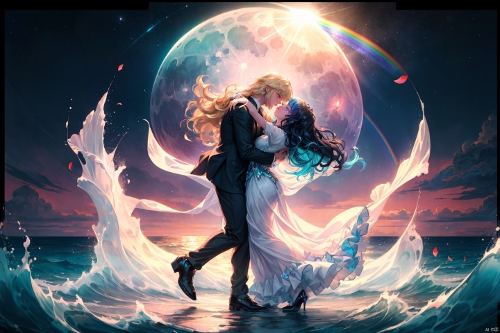 extremely delicate and beautiful,(fantasy),ultra detailed,(extreme detailed illustration),(extremely detailed CG unity 8k wallpaper),highres,perfect lighting, //, Beautiful sunset sea,calm waves,shining waves,((big rainbow)),colorful,a young couple dancing,1girl,1boy,floating long hair,dress,black hair,suit,petals,hetero,water planet,blue moon,universe,galaxy,(night),star,beautiful features,shining eyes,long black hair,swaying in the wind,dancing like dancing, a girl with bright eyes,high_heels,(Brilliant Colorful Paintings:1.2),Portrait Of Stunningly Beautiful Girl,(Navia, 1girl, blonde hair, very long hair, bangs, pink lips),ocean wave,waves,Cascading waves of moonlit skyblue hair,eyes the color of deep ocean waters,a soft and iridescent glow to her skin,bioluminescent creatures dancing in the air around her,an realm of ethereal beauty and enchantment,the soft melody of moonlight weaving through the scene,framed in a dreamlike fullbody shot.,seraph effects,shining effects,rtx,bloom,starry sky,wide shot, scenery,outdoor,expansive,extremely detailed wallpaper,glowing,light rays,caustics,wide shot,Tindall effect,fairy tale world,dream,landscape,magical,8k,wallpaper,fantasy, Original Character,heart,full body,Exquisite background,Colorful Theme,(lighting particle),original,, masterpiece,best quality,highly detailed,Amazing,finely detail,extremely detailed CG unity 8k wallpaper,score:>=60, beautiful detailed eyes,Fine hair texture,, Cinematic Lighting,rim light,available light,light leaks,depth_of_field,blurry,