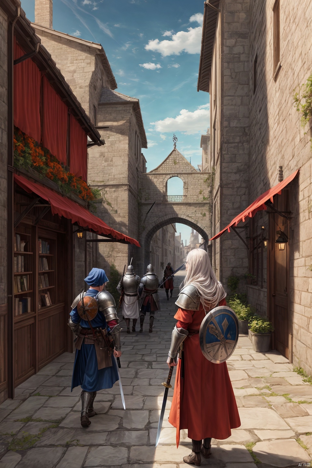 Landscape, distant view, fantasy style, medieval architecture, white brick walls, orange roofs, cobblestone roads, shops, streets, background crowd in medieval attire, soldiers in armor, city gate, a few prominent pedestrians, a wizard holding a wand, a warrior carrying a shield, a swordsman with a sword, a priest with a book, exterior of a restaurant, river, bridge, roadside dog,incredibly absurdres,wallpaper,realistic,real,photo,landscape,foreshortening,, beautiful detailed eyes,Fine hair texture,masterpiece,best quality,highly detailed,Amazing,finely detail,extremely detailed CG unity 8k wallpaper,score:>=60,