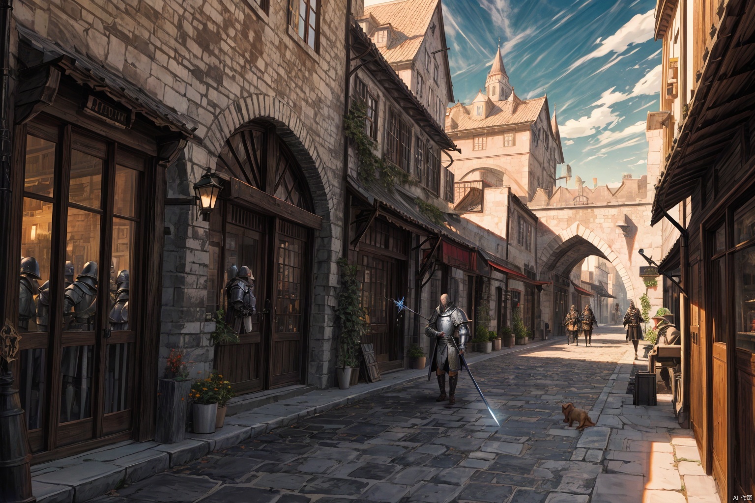 Landscape, distant view, fantasy style, medieval architecture, white brick walls, orange roofs, cobblestone roads, shops, streets, background crowd in medieval attire, soldiers in armor, city gate, a few prominent pedestrians, a wizard holding a wand, a warrior carrying a shield, a swordsman with a sword, a priest with a book, exterior of a restaurant, river, bridge, roadside dog,incredibly absurdres,wallpaper,realistic,real,photo,landscape,foreshortening,, beautiful detailed eyes,Fine hair texture,masterpiece,best quality,highly detailed,Amazing,finely detail,extremely detailed CG unity 8k wallpaper,score:>=60,