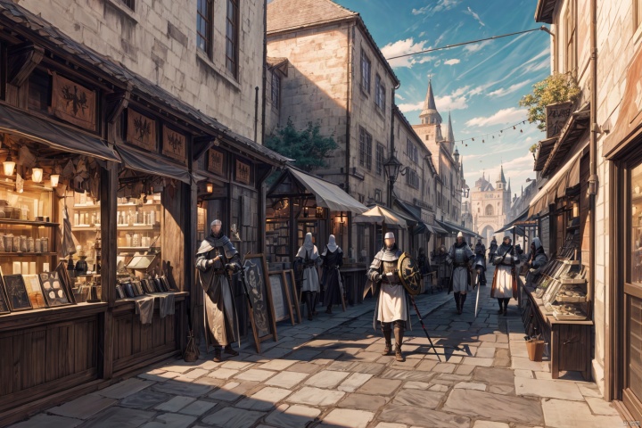 Landscape, distant view, fantasy style, medieval architecture, white brick walls, orange roofs, cobblestone roads, bustling shops, vendors, shouting, customers, lively streets, background crowd in medieval attire, sentinels in armor, city gate, a few prominent pedestrians, a wizard holding a wand, a warrior carrying a shield, a swordsman with a sword, a priest with a book, exterior of a restaurant, river, bridge, roadside dog,incredibly absurdres,wallpaper,realistic,real,photo,landscape,foreshortening,, beautiful detailed eyes,Fine hair texture,masterpiece,best quality,highly detailed,Amazing,finely detail,extremely detailed CG unity 8k wallpaper,score:>=60,