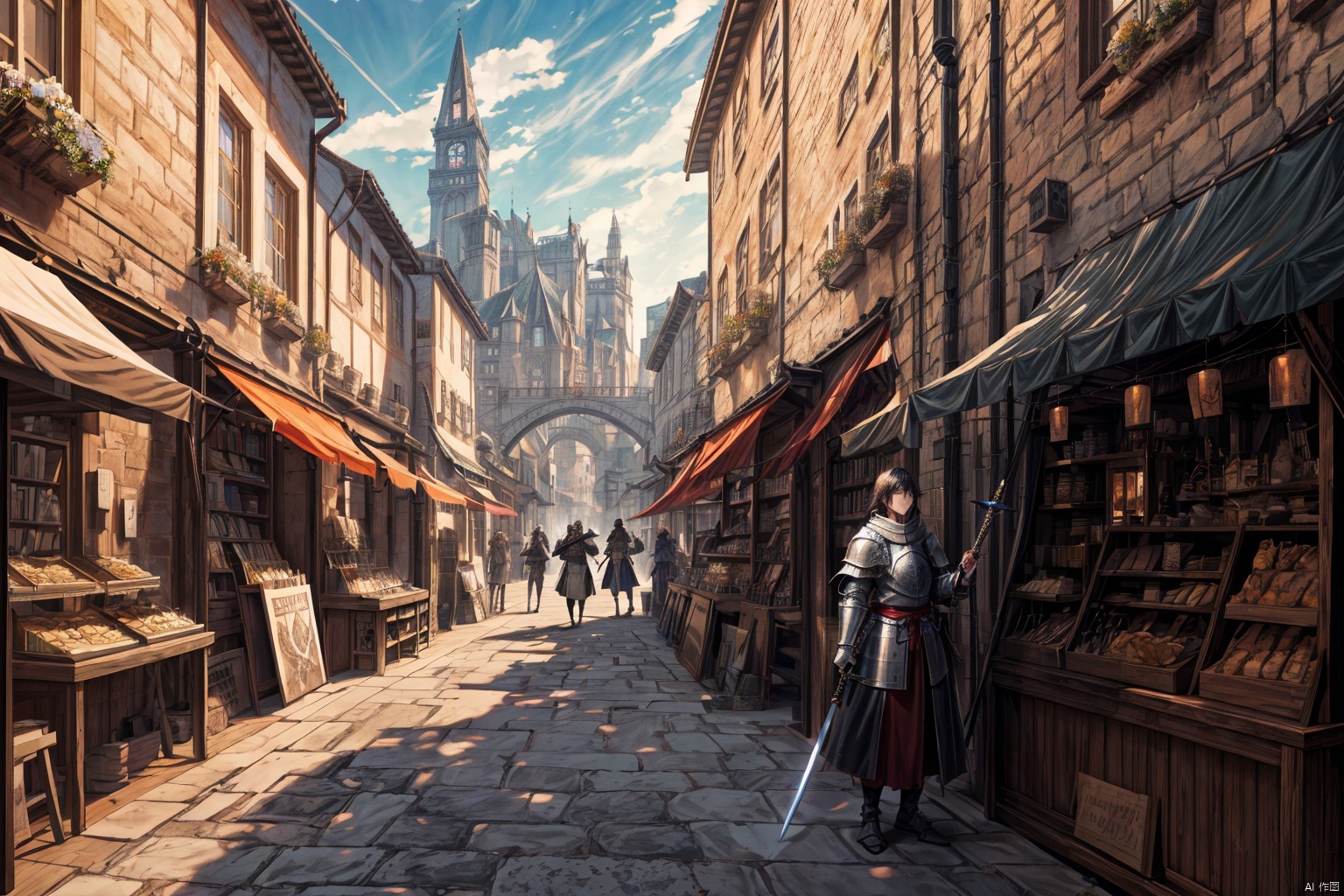Landscape, distant view, fantasy style, medieval architecture, white brick walls, orange roofs, cobblestone roads, bustling shops, vendors, shouting, customers, lively streets, background crowd in medieval attire, sentinels in armor, city gate, a few prominent pedestrians, a wizard holding a wand, a warrior carrying a shield, a swordsman with a sword, a priest with a book, exterior of a restaurant, river, bridge, roadside dog,incredibly absurdres,wallpaper,realistic,real,photo,landscape,foreshortening,, beautiful detailed eyes,Fine hair texture,masterpiece,best quality,highly detailed,Amazing,finely detail,extremely detailed CG unity 8k wallpaper,score:>=60,