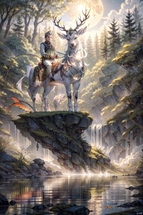 boy,short hair,ancient costume,(fishing:1.2),sitting cross-legged,forest,sparkling spring,(white stag:1.2),white,glowing,walking slowly,moon-shaped,colorful patterns,serene expression,focused,looking at fishing rod,ripples on the water,clear reflection,fish jumping,moss-covered rocks,lush greenery,tall trees,breezy atmosphere,sunlight filtering through the leaves,tranquility,peaceful ambiance,nature’s beauty,(Early morning:1.2),Fog,Tyndall light effect, masterpiece,best quality,highly detailed,Amazing,finely detail,extremely detailed CG unity 8k wallpaper,score:>=60, incredibly absurdres,wallpaper,realistic,real,photo,landscape,foreshortening, BJ_Sacred_beast