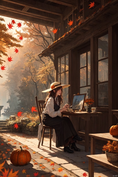 urban street scenery,Gothic architecture,Castle,Canal,Boat,Venice,Girl in a sunhat,Coffee table,A girl sits on a wooden chair,painter,equipment,paintbrush,drawing board,Coffee cup,Long hair,Brown hair,painting,sketch,Autumn,Autumn scenery,Fallen leaves,Sycamore leaves on the surface of the water,tourist,Dusk,(autumn maple forest:1.3),(very few fallen leaves),(path),arch bridge,(europeanizing architecture:1.2),masterpiece,best quality,highly detailed,Amazing,finely detail,extremely detailed CG unity 8k wallpaper,score:>=60,incredibly absurdres,wallpaper,realistic,real,photo,landscape,foreshortening,beautiful detailed eyes,Fine hair texture,fox,animal,squirrel,acorn,