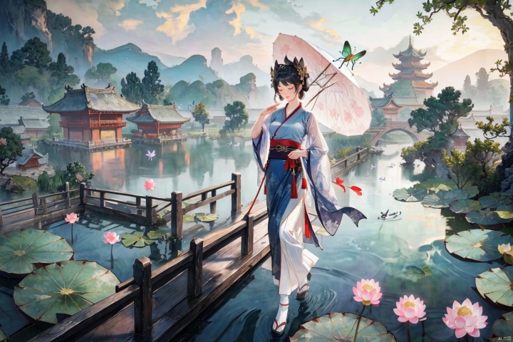 (landscape:1.5),lake,lotus,reed,dragonfly,butterfly,lotus leaf,(1 girl:0.6),smile,looking elsewhere,close both eyes slightly,Hanfu,white long skirt,walking on a Hanbaiyu arch bridge,holding a parasol,(walk on water:0.8),elegant pose,serene expression,delicate features,gentle gaze,flowing hair,lotus pond,traditional attire,ethereal beauty,botanical surroundings,graceful movement,tranquil atmosphere, huasanchuan