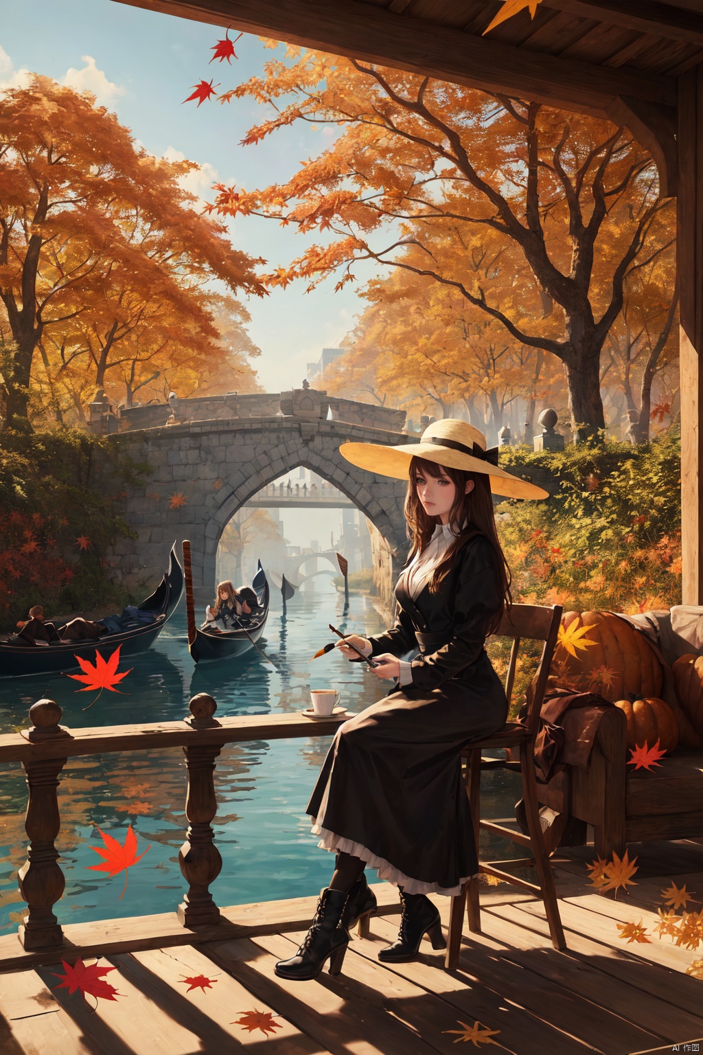 urban street scenery,Gothic architecture,Castle,Canal,Boat,Venice,Girl in a sunhat,Coffee table,A girl sits on a wooden chair,painter,equipment,paintbrush,drawing board,Coffee cup,Long hair,Brown hair,painting,sketch,Autumn,Autumn scenery,Fallen leaves,Sycamore leaves on the surface of the water,tourist,Dusk,(autumn maple forest:1.3),(very few fallen leaves),(path),arch bridge,(europeanizing architecture:1.2),masterpiece,best quality,highly detailed,Amazing,finely detail,extremely detailed CG unity 8k wallpaper,score:>=60,incredibly absurdres,wallpaper,realistic,real,photo,landscape,foreshortening,beautiful detailed eyes,Fine hair texture,fox,animal,squirrel,acorn,