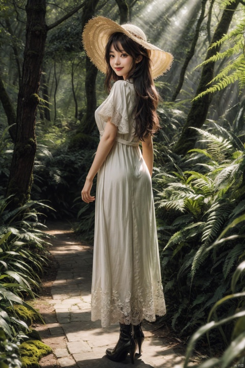 masterpiece,best quality,highly detailed,Amazing,finely detail,extremely detailed CG unity 8k wallpaper,score:>=60,A girl with long hair, wearing a dress and a sun hat, looking back with a smile, surrounded by a forest with branches, moss, ferns, and sunlight creating a dappled light effect with shallow depth of field, the background blurred, in a full-body shot,
