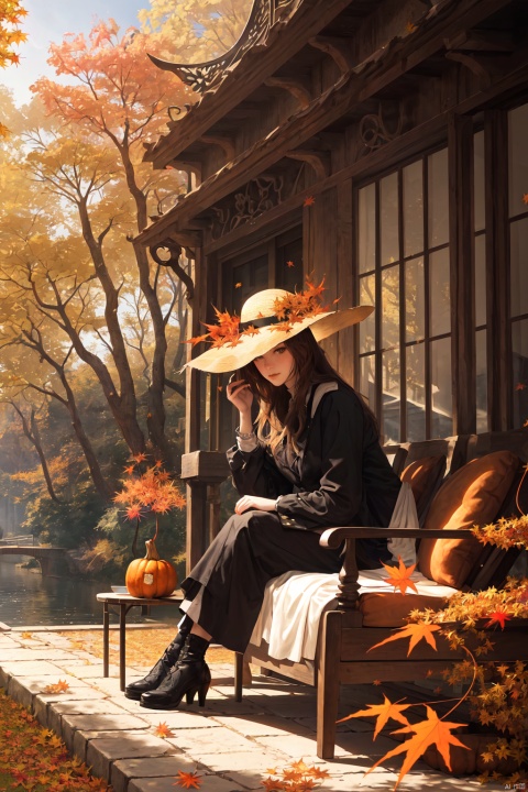 Scenery,Gothic architecture,Castle,Canal,Boat,Venice,Girl in a sunhat,Coffee table,A girl sits on a wooden chair,Coffee cup,Long hair,Brown hair,Autumn,Autumn scenery,Fallen leaves,Sycamore leaves on the surface of the water,tourist,Dusk,(autumn maple forest:1.3),(very few fallen leaves),(path),arch bridge,(europeanizing architecture:1.2),masterpiece,best quality,highly detailed,Amazing,finely detail,extremely detailed CG unity 8k wallpaper,score:>=60,incredibly absurdres,wallpaper,realistic,real,photo,landscape,foreshortening,beautiful detailed eyes,Fine hair texture,fox,animal,squirrel,acorn,