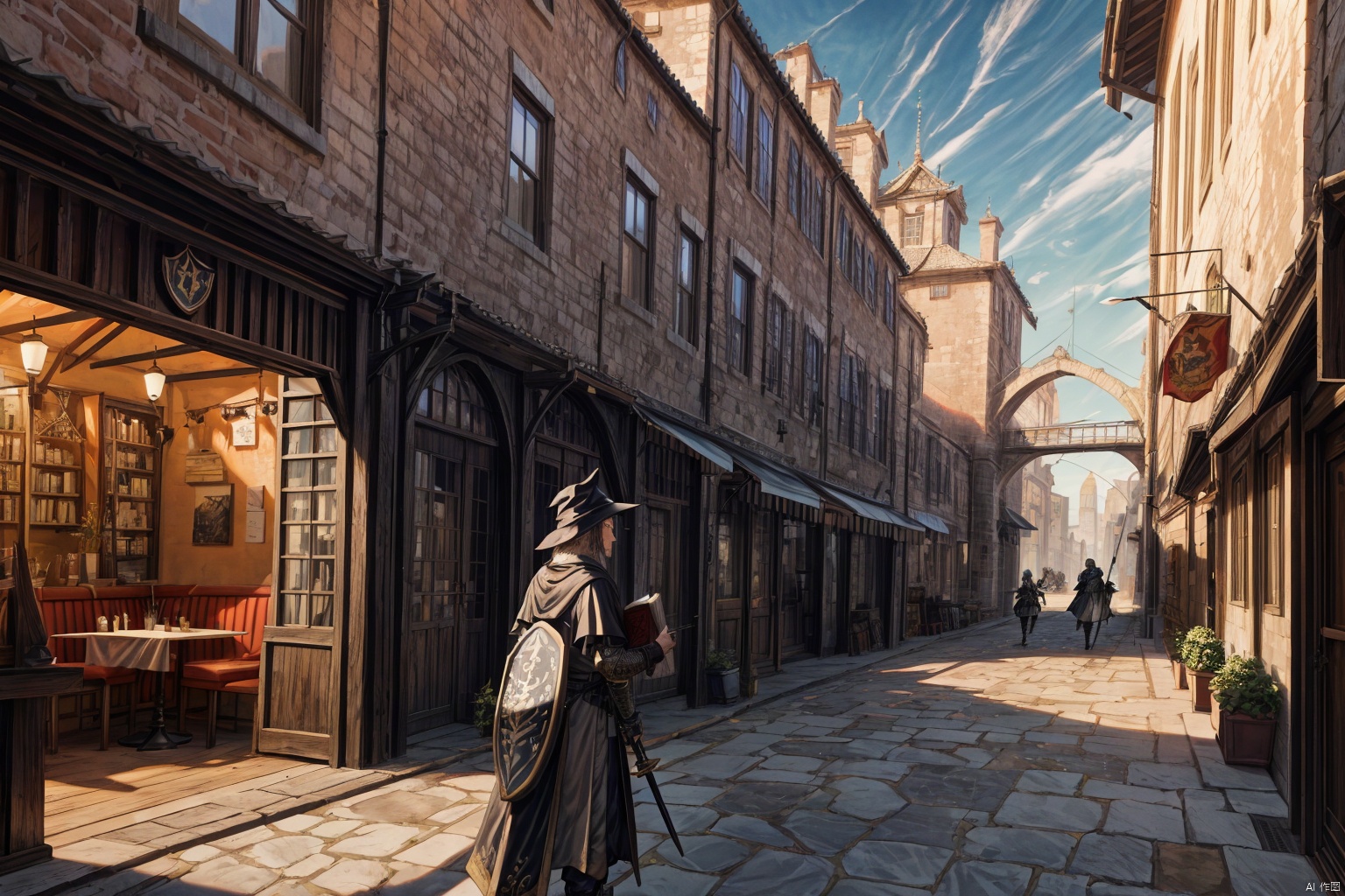 Landscape, distant view, fantasy style, medieval architecture, white brick walls, orange roofs, cobblestone roads, shops, streets, background crowd in medieval attire, soldiers in armor, city gate, a few prominent pedestrians, a wizard holding a wand, a warrior carrying a shield, a swordsman with a sword, a priest with a book, exterior of a restaurant, river, bridge, roadside dog,incredibly absurdres,wallpaper,realistic,real,photo,landscape,foreshortening,, beautiful detailed eyes,Fine hair texture,masterpiece,best quality,highly detailed,Amazing,finely detail,extremely detailed CG unity 8k wallpaper,score:>=60,