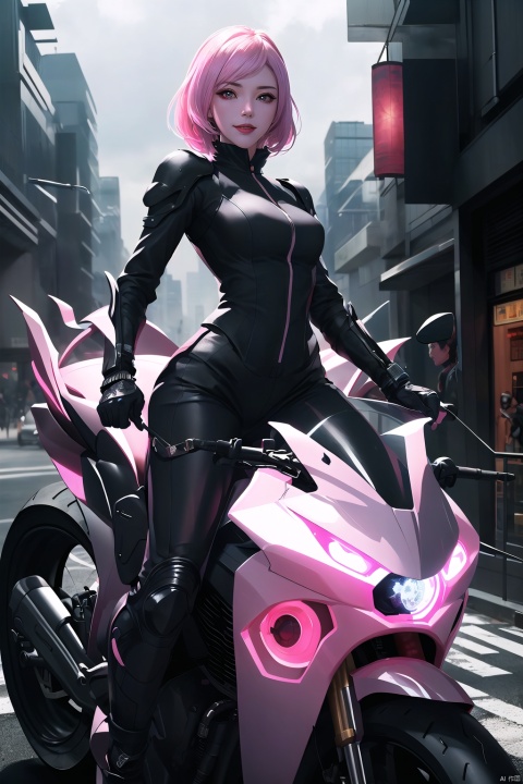 masterpiece,best quality,highly detailed,Amazing,finely detail,extremely detailed CG unity 8k wallpaper,score:>=60, beautiful detailed eyes,Fine hair texture, Cinematic Lighting,rim light,available light,light leaks,depth_of_field,blurry,A girl, Motorcycle riders, grey Machine armour, Pink hair.,Characters take up half of the picture, Girl riding a grey motorcycle in the street, A confident smile, Modern street, Modern architecture, Crowd, Metallic luster,Spring Festival atmosphere, Spring Festival, Red lantern, Neon light, Fireworks, Speed line, Chinese dragon in the night sky, Chinese dragon, Night sky, Stars, Starry sky,