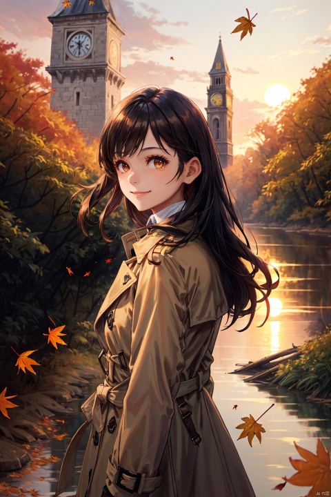 best quality,masterpiece,
1girl,solo,solo focus,black hair,long hair,tied hair,brown eyes,light smile,closed mouth,looking ahead,beige trench coat,
(outdoors,deep forest,bell tower,fallen leaves,wind,sunset,autumn leaves,river,grass,allen leaves on the water, )
upper body, 