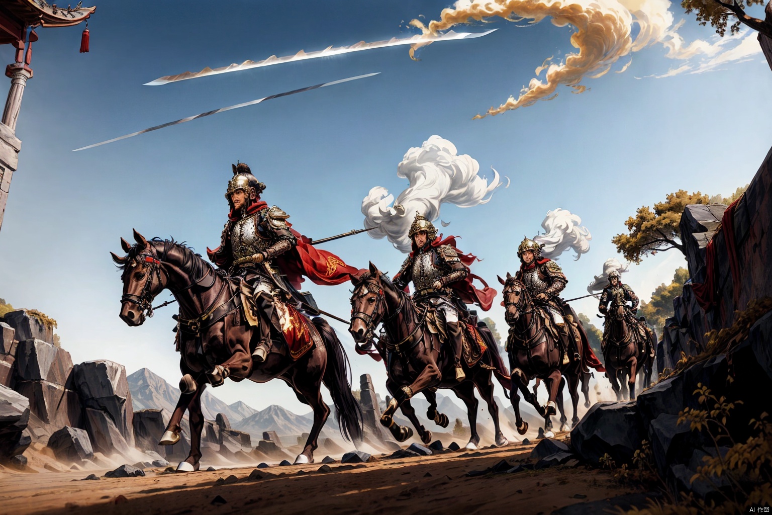 A man dressed in Chinese-style armor,a cavalryman,Chinese-style armor,helmet,white cloak,holding a sword,scabbard,*****,stubble,strong,bloodstains on the armor,riding a horse,charging,roaring,fighting,desert,sandstorm,several cavalrymen,chasing,fallen soldiers,bloodstains on the ground,architectural ruins,withered trees,rocks,desolate mountains,