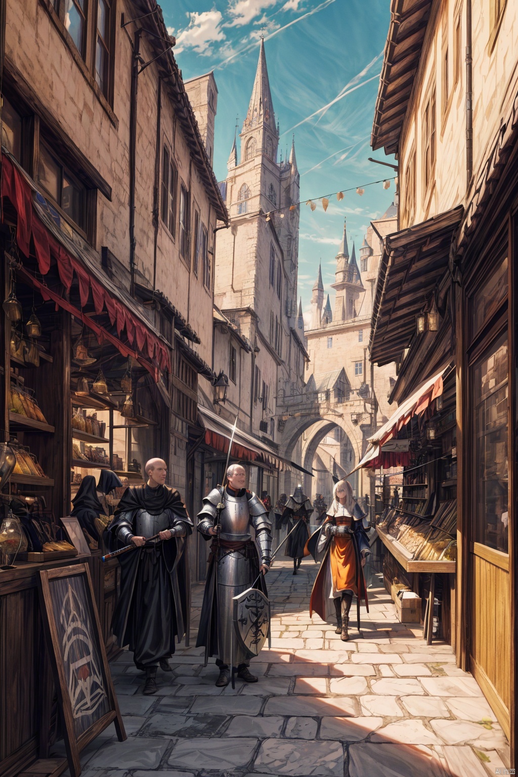 Landscape, distant view, fantasy style, medieval architecture, white brick walls, orange roofs, cobblestone roads, bustling shops, vendors, shouting, customers, lively streets, background crowd in medieval attire, sentinels in armor, city gate, a few prominent pedestrians, a wizard holding a wand, a warrior carrying a shield, a swordsman with a sword, a priest with a book, exterior of a restaurant, river, bridge, roadside dog,incredibly absurdres,wallpaper,realistic,real,photo,landscape,foreshortening,, beautiful detailed eyes,Fine hair texture,masterpiece,best quality,highly detailed,Amazing,finely detail,extremely detailed CG unity 8k wallpaper,score:>=60,