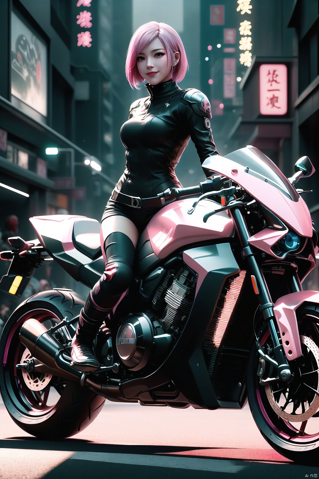 masterpiece,best quality,highly detailed,Amazing,finely detail,extremely detailed CG unity 8k wallpaper,score:>=60, beautiful detailed eyes,Fine hair texture, Cinematic Lighting,rim light,available light,light leaks,depth_of_field,blurry,A girl, Motorcycle riders, Machine armour, Pink hair., 3D rendering effect, Girl riding a motorcycle in the street, A confident smile, Modern street, Modern architecture, Crowd, Spring Festival atmosphere, Spring Festival, Red lantern, Neon light, Fireworks, Speed line, Chinese dragon in the night sky, Chinese dragon, Night sky, Stars, Starry sky,