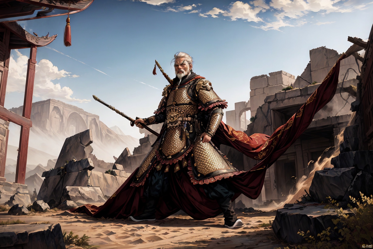 masterpiece,best quality,highly detailed,Amazing,finely detail,extremely detailed CG unity 8k wallpaper,score:>=60,, incredibly absurdres,wallpaper,realistic,real,photo,landscape,foreshortening,A man dressed in Chinese-style armor, an old general, Chinese-style armor, white cloak, wielding a guandao, a long-handled weapon, elderly, white hair, white beard, strong, rough skin, bloodstains on the armor, swinging the weapon, roaring, fighting, desert, sandstorm, chasing, fallen soldiers, bloodstains on the ground, architectural ruins, withered trees, rocks, desolate mountains