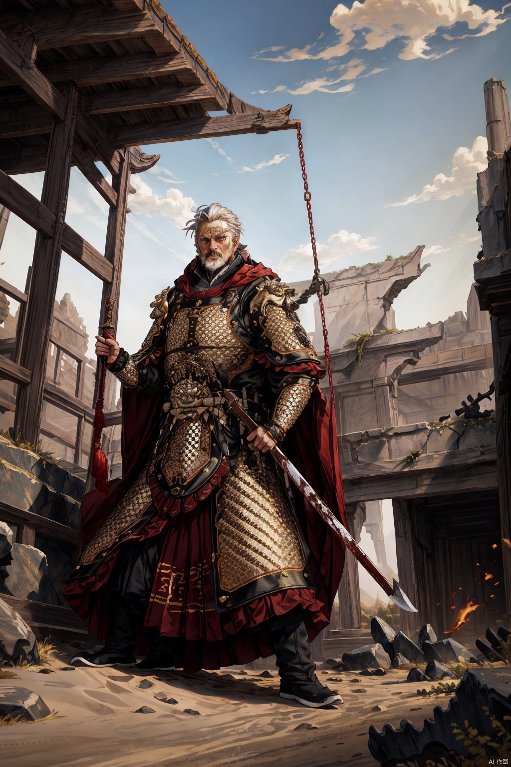 masterpiece,best quality,highly detailed,Amazing,finely detail,extremely detailed CG unity 8k wallpaper,score:>=60,, incredibly absurdres,wallpaper,realistic,real,photo,landscape,foreshortening,A man dressed in Chinese-style armor, an old general, Chinese-style armor, white cloak, wielding a guandao, a long-handled weapon, elderly, white hair, white beard, strong, rough skin, bloodstains on the armor, swinging the weapon, roaring, fighting, desert, sandstorm, chasing, fallen soldiers, bloodstains on the ground, architectural ruins, withered trees, rocks, desolate mountains