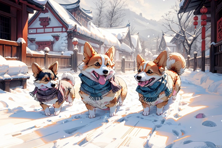 (puppy:1.2),(welsh corgi:1.2),(corgi:1.2),mangguo_keji,mangguo,(dogs:1.2),(plaid_scarf:1.2),cute,kawai,chinese buildings,outdoors,chinese style architecture,in winter,on a hill,snowflakes,Snow cover,Snow land,,animal,, masterpiece,best quality,highly detailed,Amazing,finely detail,extremely detailed CG unity 8k wallpaper,score:>=60,, beautiful detailed eyes,Fine hair texture,