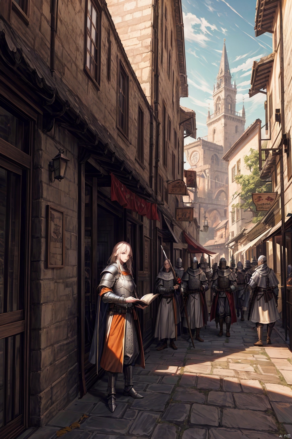 Landscape, distant view, fantasy style, medieval architecture, white brick walls, orange roofs, cobblestone roads, shops, streets, background crowd in medieval attire, soldiers in armor, city gate, a few prominent pedestrians, a wizard holding a wand, a warrior carrying a shield, a swordsman with a sword, a priest with a book, exterior of a restaurant, river, bridge, roadside dog,incredibly absurdres,wallpaper,realistic,real,photo,landscape,foreshortening,, beautiful detailed eyes,Fine hair texture,masterpiece,best quality,highly detailed,Amazing,finely detail,extremely detailed CG unity 8k wallpaper,score:>=60,