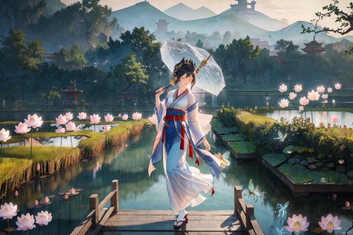 (landscape:1.5),lake,lotus,reed,dragonfly,butterfly,lotus leaf,(1 girl:0.6),smile,looking elsewhere,close both eyes slightly,Hanfu,white long skirt,walking on a Hanbaiyu arch bridge,holding a parasol,(walk on water:0.8),elegant pose,serene expression,delicate features,gentle gaze,flowing hair,lotus pond,traditional attire,ethereal beauty,botanical surroundings,graceful movement,tranquil atmosphere, huasanchuan