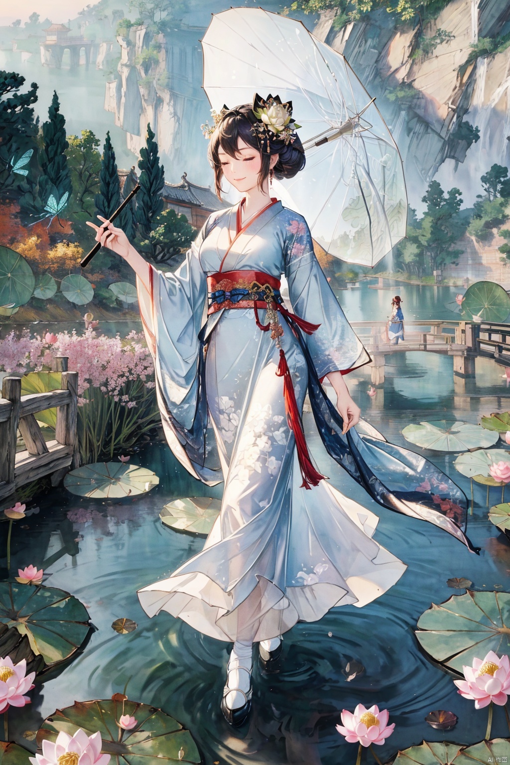 (landscape:1.5),lake,lotus,reed,dragonfly,butterfly,lotus leaf,(1 girl:0.6),smile,looking elsewhere,close both eyes slightly,Hanfu,white long skirt,walking on a Hanbaiyu arch bridge,holding a parasol,(walk on water:0.8),elegant pose,serene expression,delicate features,gentle gaze,flowing hair,lotus pond,traditional attire,ethereal beauty,botanical surroundings,graceful movement,tranquil atmosphere, huasanchuan