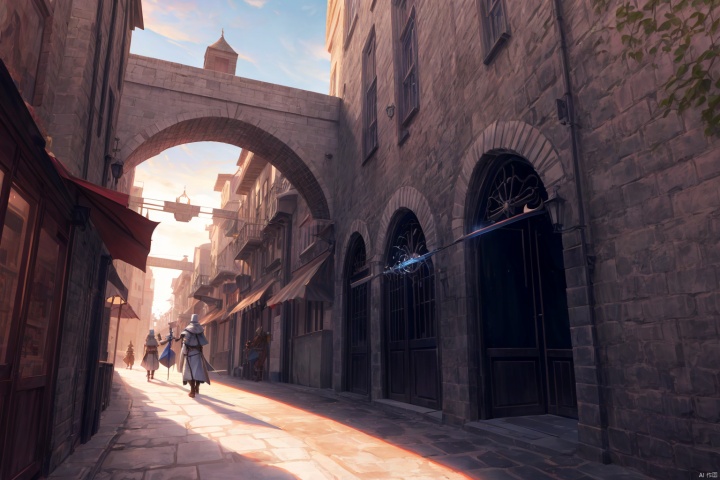 Landscape, distant view, fantasy style, medieval architecture, white brick walls, orange roofs, cobblestone roads, shops, streets, background crowd in medieval attire, soldiers in armor, city gate, a few prominent pedestrians, a wizard holding a wand, a warrior carrying a shield, a swordsman with a sword, a priest with a book, exterior of a restaurant, river, bridge, roadside dog,incredibly absurdres,wallpaper,realistic,real,photo,landscape,foreshortening,, beautiful detailed eyes,Fine hair texture,masterpiece,best quality,highly detailed,Amazing,finely detail,extremely detailed CG unity 8k wallpaper,score:>=60,