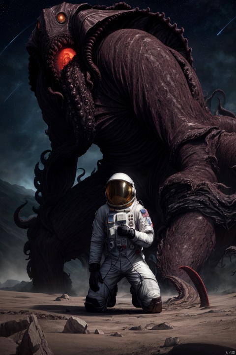 tiny astronaut,(despair:1.2),(kneeling:1.2),head_down,barren planet,confrontation,(gigantic Cthulhu-style monster:1.2),terrifying,space suit,helmet,rugged landscape,desolate,tense atmosphere,oxygen tank,gloves,boots,starry sky,distant galaxies,courage,determination,sci-fi setting,tentacled creature,ominous,mythical,otherworldly,incredibly absurdres,wallpaper,realistic,real,photo,landscape,foreshortening,beautiful detailed eyes,Fine hair texture,masterpiece,best quality,highly detailed,Amazing,finely detail,extremely detailed CG unity 8k wallpaper,score:>=60, BY MOONCRYPTOWOW